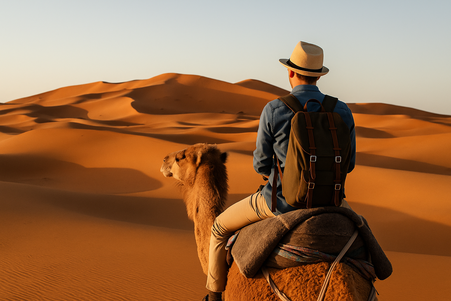 Traveler riding a camel in the Sahara Desert during the 10 Days Morocco Tour from Casablanca